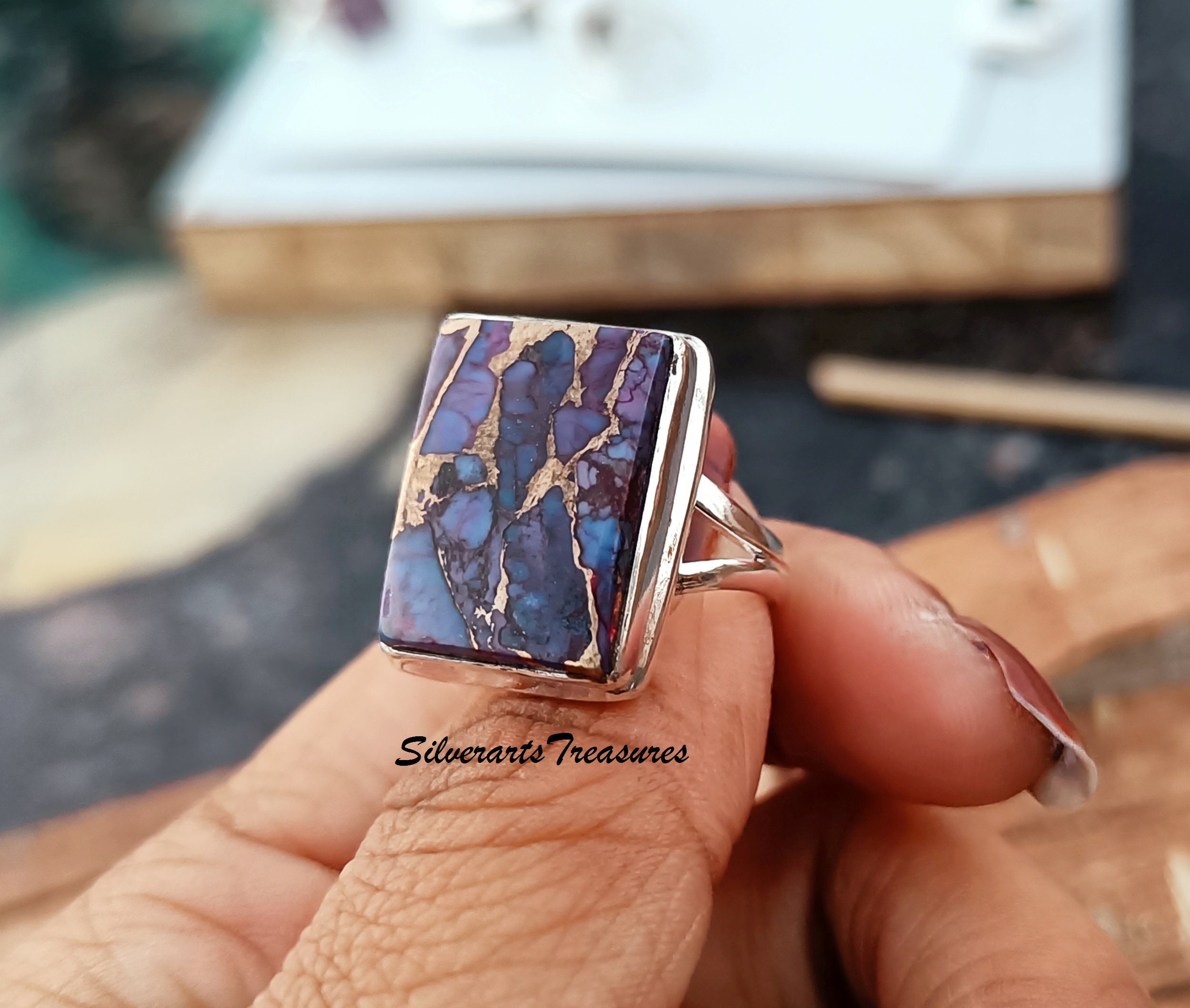 Handmade 925 Sterling Silver Ring With Natural Oyster Turquoise Gemstone - Size MO340