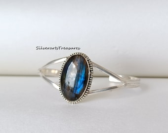 Handmade 925 Sterling Silver Labradorite Bangle: Boho Gemstone Jewelry