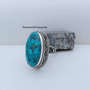 Blauw koperen turkoois ring, 925 sterlingzilveren ring, handgemaakte ring, designerring, zilveren bandring, damessieraden, verlovingscadeauring.