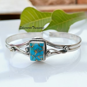 Blue Copper Turquoise Bangle: Handmade 925 Sterling Silver Boho Jewelry