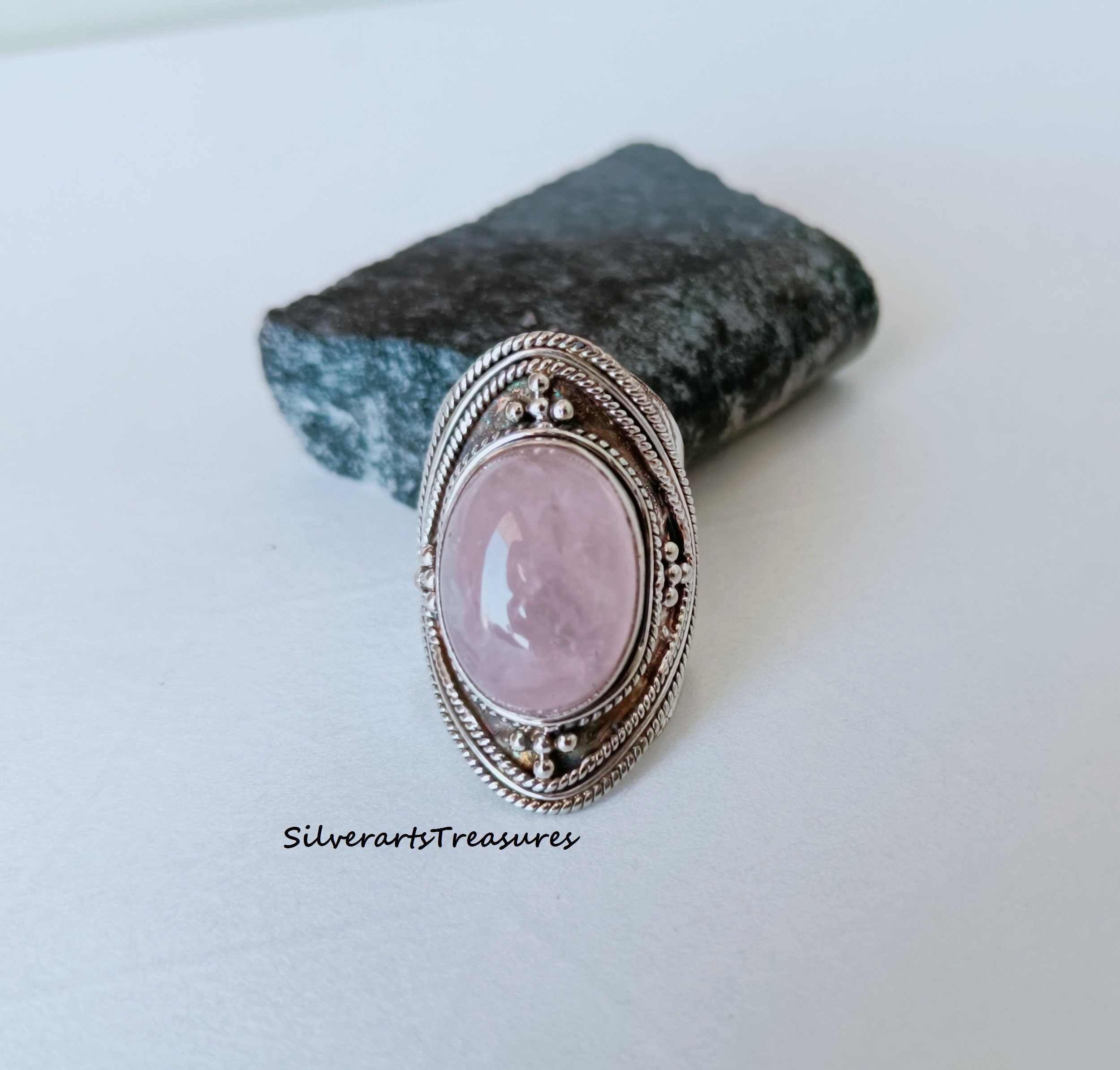 ハンドメイドローズクォーツ925スターリングシルバーリング