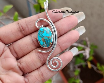 Blue Copper Turquoise Pendant: Handmade 925 Sterling Silver Boho Jewelry