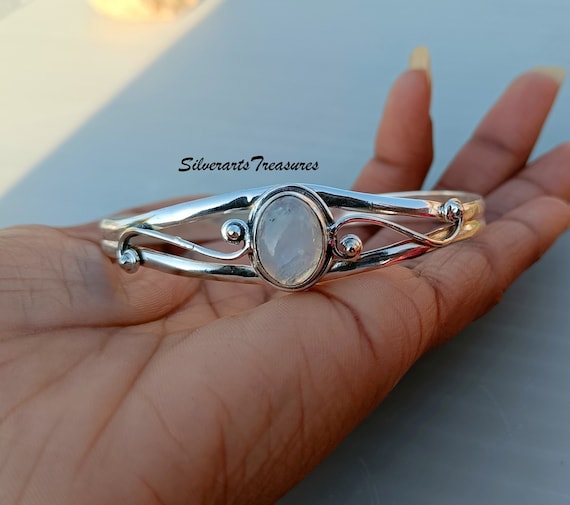 Handmade Moonstone Bangle: 925 Sterling Silver Boho Jewelry