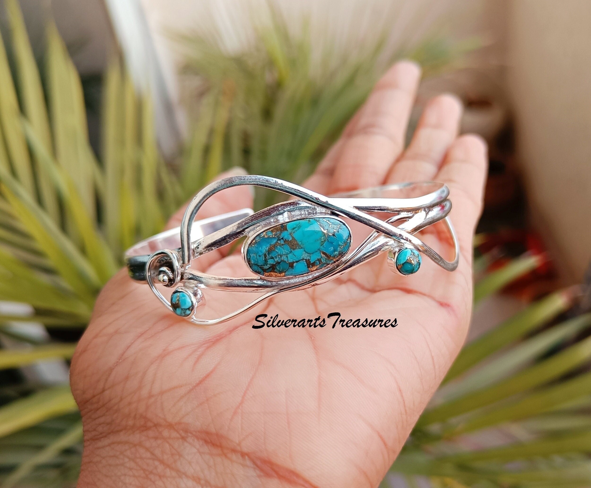 Blue Copper Turquoise Bangle: Handmade 925 Sterling Silver