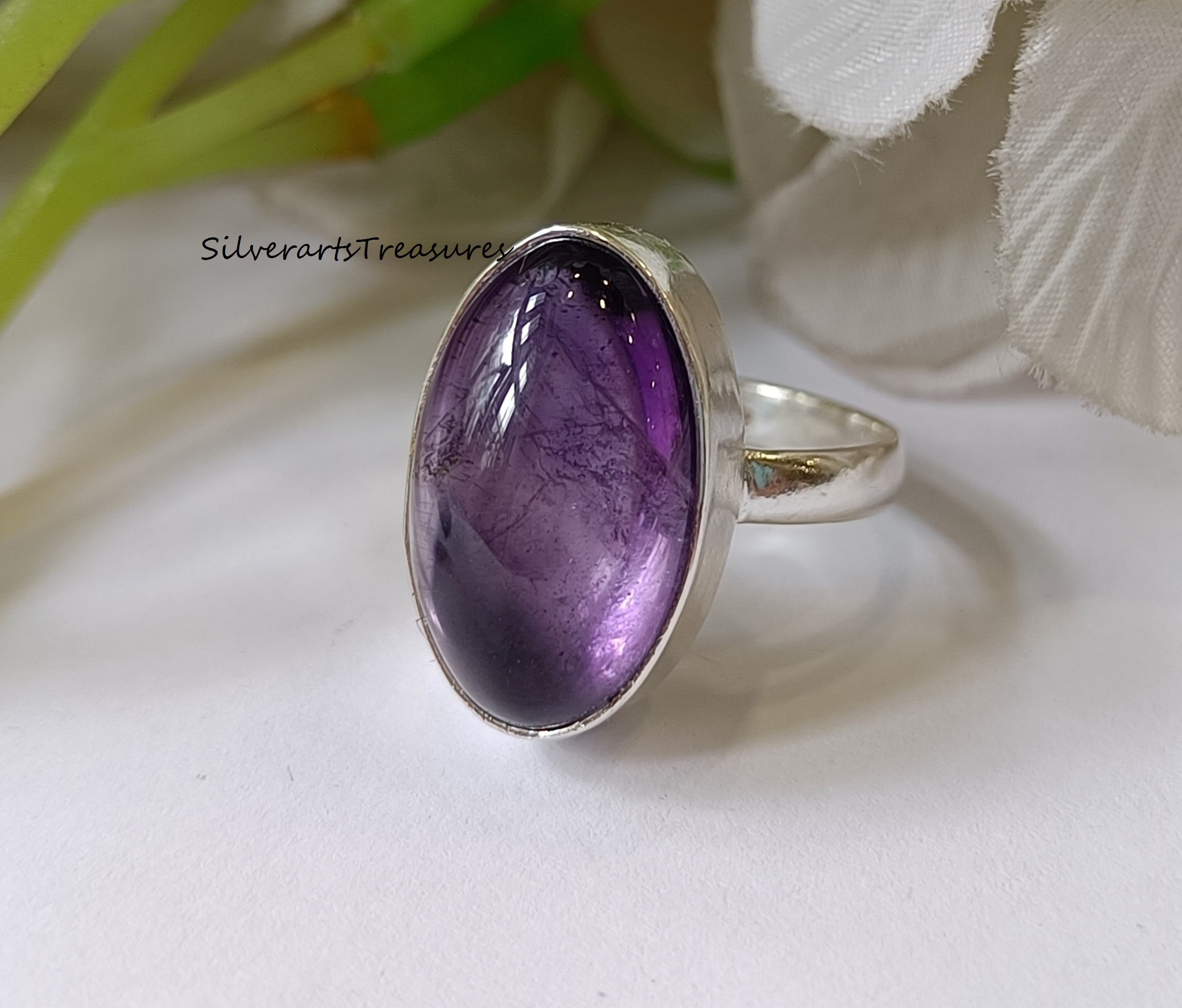 Sterling Silver Amethyst Chalcedony Adjustable Ring - 925 Silver Women's Jewelry