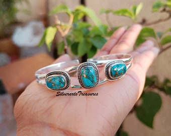 ブルーコッパーターコイズバングル：調節可能なスターリングシルバーの