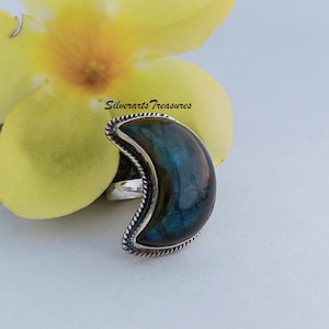 Labradorite Moon Shape Ring, 925 Sterling Silver, Blue Fire Labradorite Ring, Handmade Ring, Gemstone Ring, Halloween Gift, Stylish Ring.