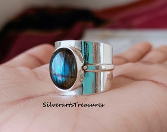 Handmade Labradorite Ring: 925 Sterling Silver Boho Ring