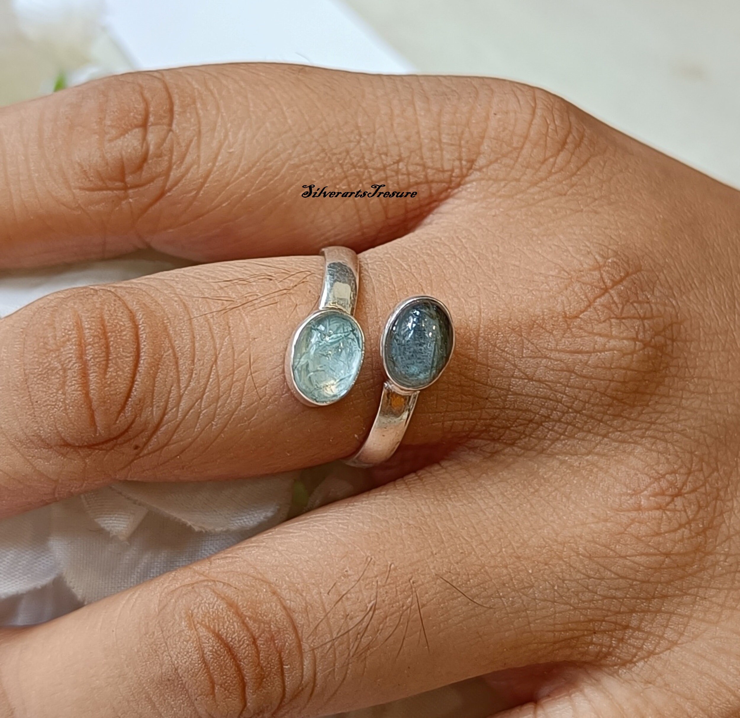 Bague Bohème Labradorite – Argent Sterling 925 Plaqué – Taille 6 – Pierre Naturelle Bleue