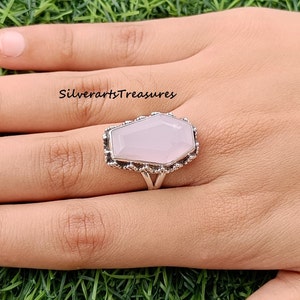 Natuurlijke rozenkwartsring, kistring, 925 sterlingzilveren ring, zilveren rozenkwartsring, edelsteenring, geboortesteen januari, beloftering