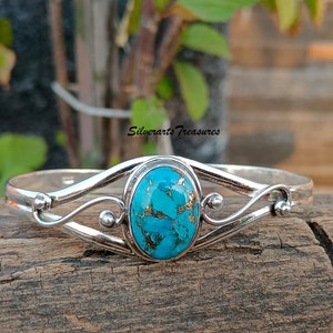 Natural Blue Copper Turquoise Bangle, 925 Sterling Silver, Handmade Bangle, Designer Bangle, Gemstone Bangle, Silver Bangle, Women Bangle.
