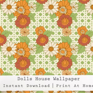May include: A floral pattern featuring orange, white, and rust-colored flowers with green leaves on a light green background. The text "Dolls House Wallpaper | Instant Download | Print At Home" is displayed on a white banner.