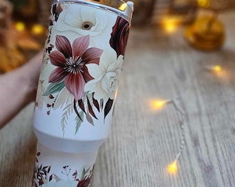 40 oz Tumbler with Handle and Straw Cute Floral print, Dupe style Quencher Tumbler, Insulated Cup, Maintains Cold Heat an Ice for Hours