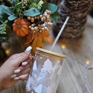 Christmas tree glass cup, cute winter mug, fall iced coffee cup, fall coffee cup, pink christmas cup, Christmas glass mug, cute holiday mug