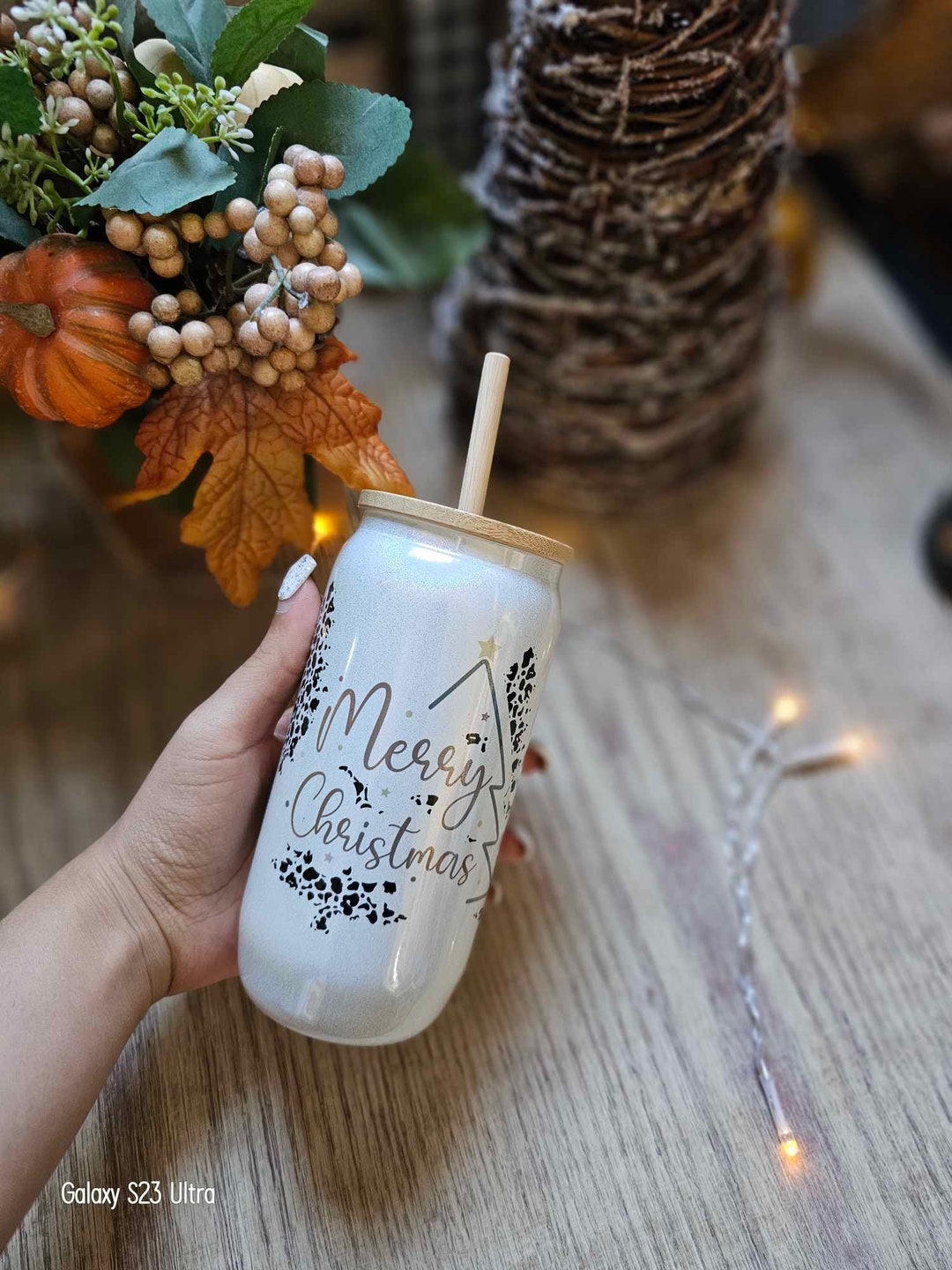 White Shimmer Christmas 16oz Glass Can Cup With Lid and Bamboo Straw ...