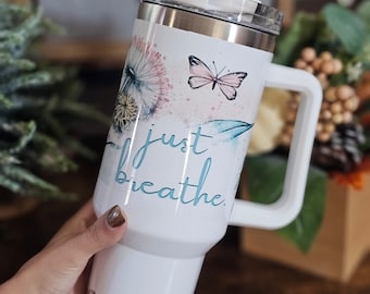 40 oz Tumbler with Handle and Straw Just Breathe print, Dupe style Quencher Tumbler, Insulated Cup, Maintains Cold Heat an Ice for Hours