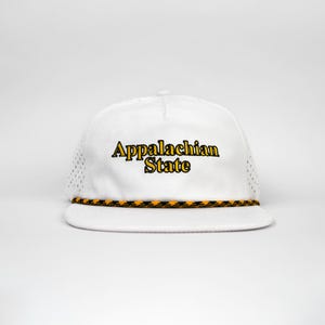 May include: White baseball cap with a black and yellow rope trim and the text "Appalachian State" embroidered in yellow on the front.