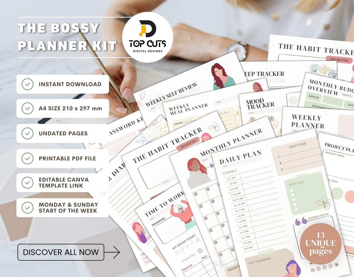 Girl Boss Planner Printable and Editable Bullet Journal Kit - Etsy