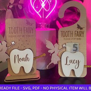 Può includere: Due appendiporta in legno per la fatina dei denti con un design di fata e dente. Uno dice "Fata dei denti, per favore, vieni a trovarmi stasera" con il nome Noah. L'altro dice "Fata dei denti, per favore, fermati qui" con il nome Lucy.