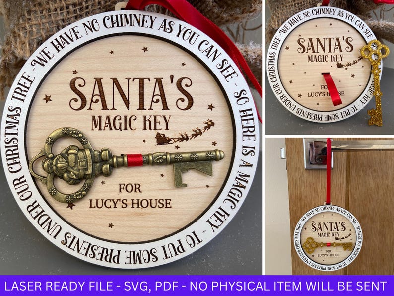 May include: A round wooden sign with a white border and the text "Our Christmas Tree - We Have No Chimney As You Can See - So Here Is A Magic Key To Put Some Presents Under Our Christmas Tree - We Have No Chimney As You Can See - So Here Is A Magic Key To Put Some Presents Under"  surrounding a decorative gold key with a red ribbon. The sign also includes the text "Santa's Magic Key" and "For Lucy's House".
