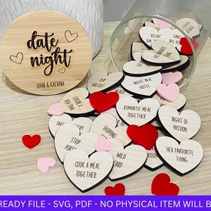 ARCHIVO DIGITAL, Frasco para una cita romántica y 32 fichas de corazón para el día de San Valentín, archivo SVG, archivo cortado con láser para máquinas láser, aniversario, regalo de boda
