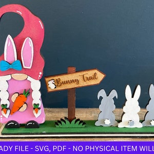 DIGITAL FILE, Easter Girl Gnome Bunny Trail SVG File, Easter Shelf Sitter Gnome svg, Easter Rabbit, Carrots, Laser Cut File, Decor, Bunnies