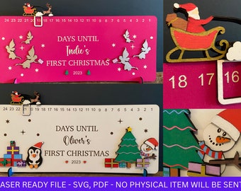 DIGITAL FILE, Set of 2 First Christmas Sliding Countdown Calendar Design bundle, Babys First Christmas, Fairies, snowman laser Cut file SVG