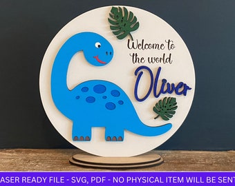 DIGITAL FILE, Dinosaur Theme New Baby Sign File SVG, Add Personalised Name, Nursery Name Sign On stand, Dinosaur Bedroom Sign