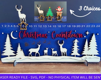 DIGITAL FILE, Christmas Countdown Calendar, Sliding Reindeer Santa and Christmas Tree, 3 Layer SVG, Sign, pdf, laser Cut file, Advent