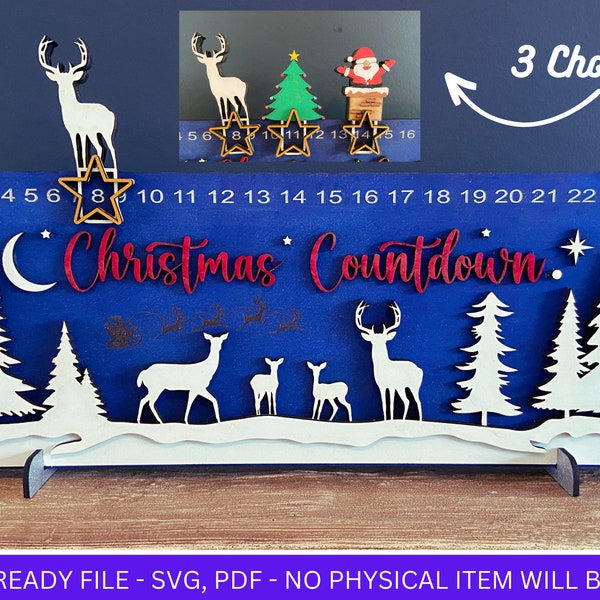 DIGITAL FILE, Christmas Countdown Calendar, Sliding Reindeer Santa and Christmas Tree, 3 Layer SVG, Sign, pdf, laser Cut file, Advent