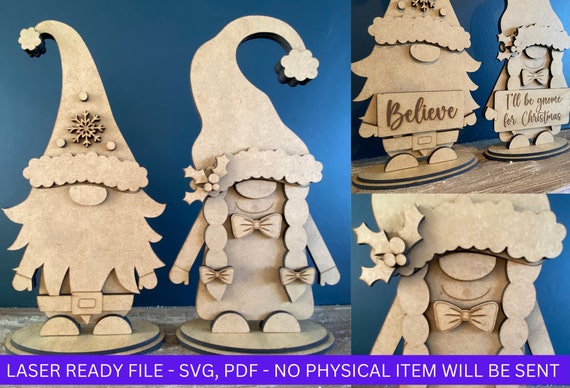 DIGITAL FILE, Large Mr & Mrs Christmas Gnomes Gonks With Stands, Can Personalise, Girl Boy Christmas Gnome Ornament SVG, laser Cut File