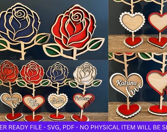 DIGITAL FILE, Valentines Day Roses With stands SVG File, Valentines Day Rose svg, Love Hearts, Valentines Rose Laser Cut File Personalised