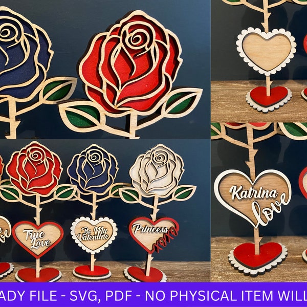 DIGITAL FILE, Valentines Day Roses With stands SVG File, Valentines Day Rose svg, Love Hearts, Valentines Rose Laser Cut File Personalised