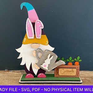 DIGITAL FILE, Easter Bunny Gnome Watering Carrots For Sale SVG File, Easter Shelf Sitter Gnome svg, Easter Gnome Laser Cut File, Decor