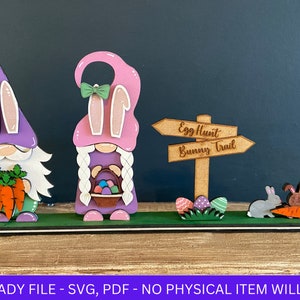 DIGITAL FILE, Easter Bunny Gnome Egg Hunt & Bunny Trail SVG File, Easter Shelf Sitter Gnome svg, Easter eggs, Carrots, Laser Cut File, Decor
