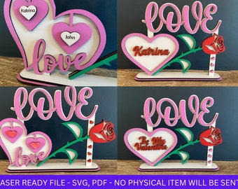 DIGITAL FILE, Valentines Day Rose and Love Heart With stand SVG File, Valentines Day Rose svg, Valentines Rose Laser Cut File Personalised