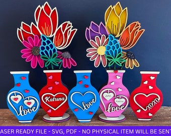DIGITAL FILE, Valentines Day Bouquet Flowers & Vase SVG File, Multi Layer, Valentines Day Rose, Love Hearts, Laser Cut File Personalised