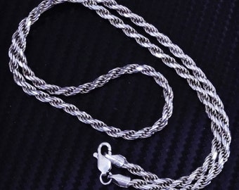 18” 3mm, vintage Italian sterling silver 925 diamond cut rope chain necklace, stamped 925 Italy