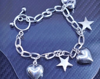 7” 6mm, vintage sterling silver 925 bold curb chain bracelet with heart and star charms and toggle closure, silver tested