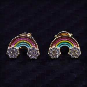 Oro vermeil vintage sobre plata de ley 925 esmalte tachuelas arco iris pendientes con cz, estampado 925