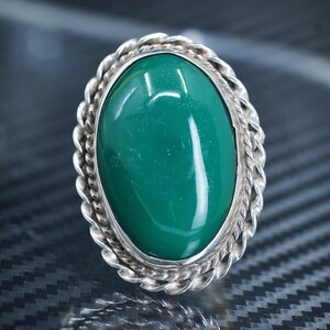 size adjustable, southwestern sterling silver 925 handmade band ring with oval green jasper, stamped 925 Mexico