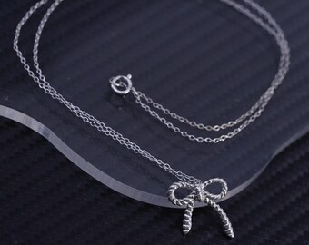 18” 1mm, vintage sterling silver 925 circle chain necklace with ribbon bow pendant, stamped 925