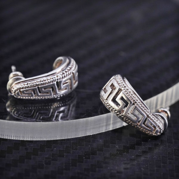 0.5”, vintage sterling silver 925 huggie Greek key textured studs earrings, stamped 925
