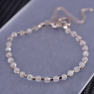 6.5”, vintage rose gold over sterling silver 925 handmade circle chain bracelet with rose pink quartz beads and heart charm, stamped 925