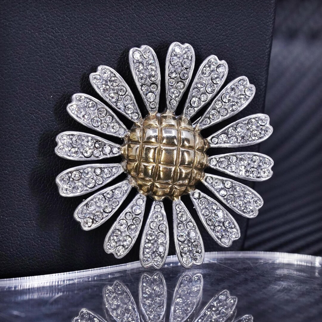 Vintage Two Tone Sterling 925 Silver Brooch, Daisy Flower