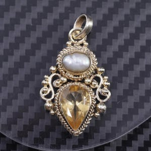 Vintage vermeil gold over sterling 925 silver handmade teardrop pendant with citrine and pearl, stamped 925