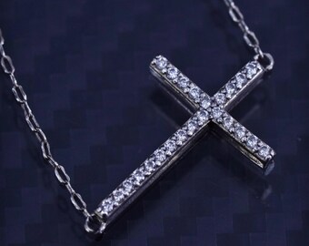 Colar vintage de prata de lei 925 com corrente circular de 19 polegadas (48 cm) e 1 mm de diâmetro, com pingente de cruz e zircônia cúbica, marcado 925.