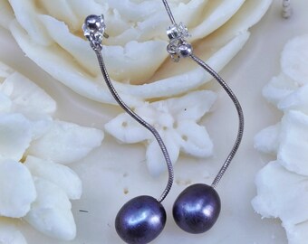 Vintage Sterling Silber 925 handgefertigte Schlangenketten Ohrringe mit schwarzer Perle, gestempelt 925