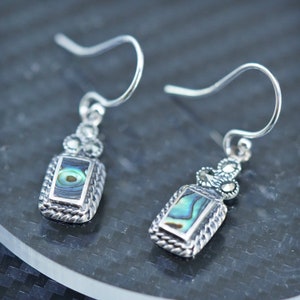 Vintage sterling silver 925 handmade earrings with abalone and marcasite, stamped 925