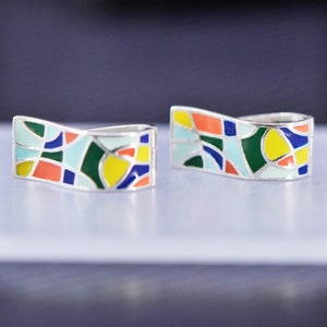 1”, RARE modern Sterling Silver Colorful Enamel Hoops Huggie Post Earrings, stamped 925